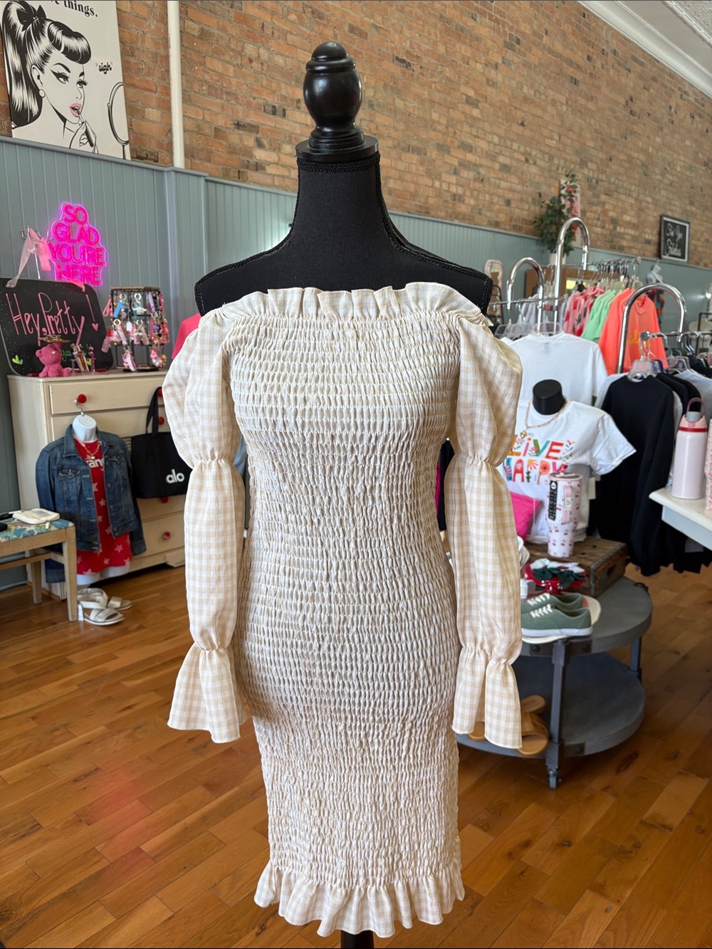 Off-Shoulder Smocked Midi Dress in Beige Gingham One Size